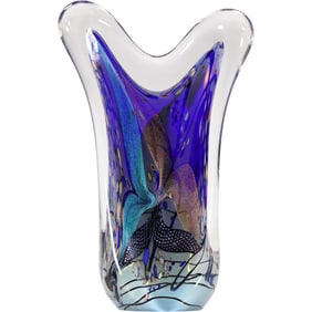 Large Signed ROLLIN KARG, DICHROIC FREEFORM Art GLASS SCULPTURE VASE 16 in. height