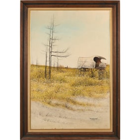 Edward Scirrotto (1951 - 1994) Oil on Canvas Painting "The Last Stop" Covered Wagon in Field