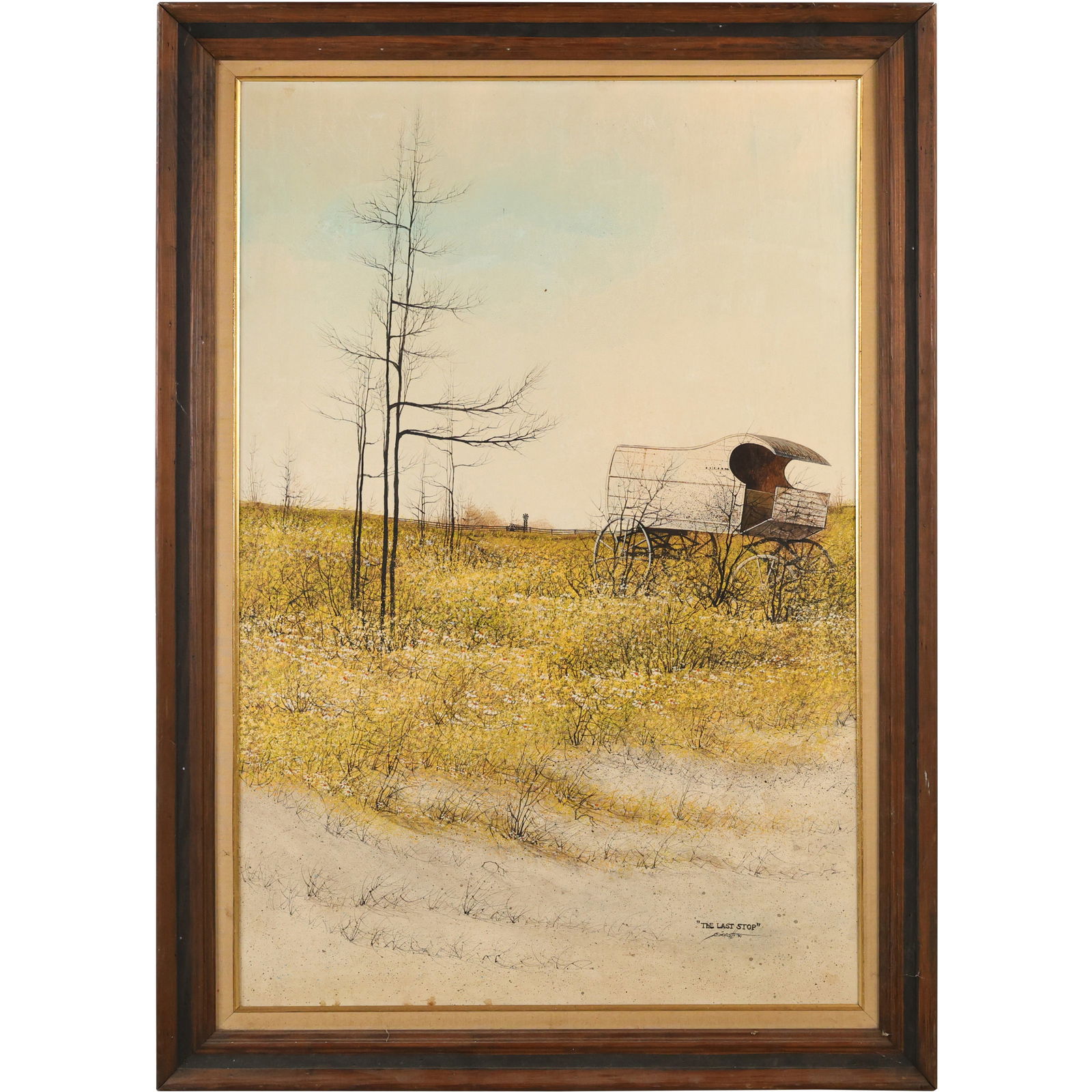 Edward Scirrotto (1951 - 1994) Oil on Canvas Painting "The Last Stop" Covered Wagon in Field: Edward Scirrotto (1951 - 1994) Oil on Canvas Painting "The Last Stop" Covered Wagon in Field. size: 24 x 36 frame: 29.5 x 41