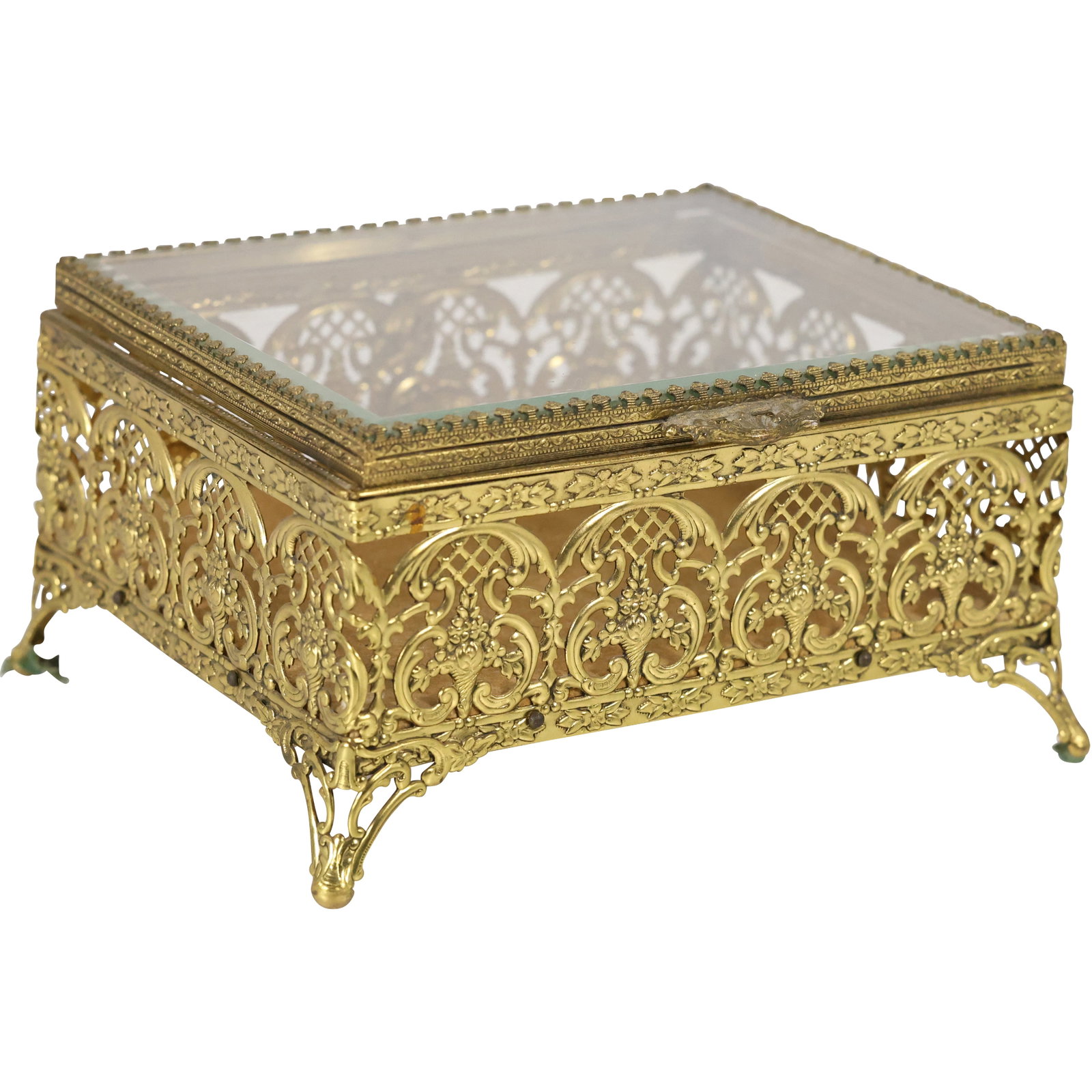 Very Ornate Pierced Metal Gold Tone Framed Dresser Box with Smoked Glass Lid 4 in. x 5 in. x 6.5 in.: Very Ornate Pierced Metal Gold Tone Framed Dresser Box with Smoked Glass Lid 4 in. x 5 in. x 6.5 in. size: 4 x 5 x 6.5