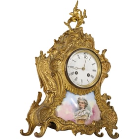 19th C. Japy Feres Fancy Case French Mantle Clock with Inset Porcelain with Ladies Portrait