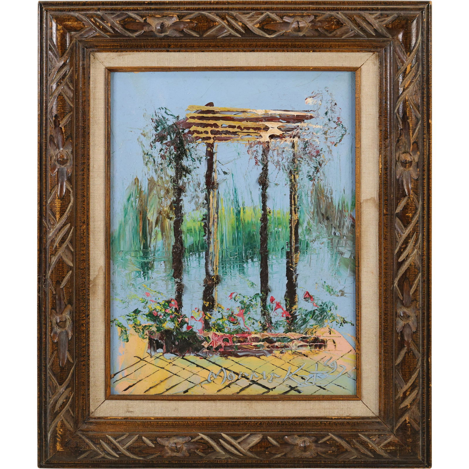 Morris Katz 1975, Jewish American, Acrylic Painting of a Pergola in the Catskills: Morris Katz 1975, Jewish American, Acrylic Painting of a Pergola in the Catskills. Well Listed Artist. size: 14 x 18 frame: 18.5 x 22.5 ; ASKart: Morris Katz (born Moshe Katz on March 5, 1932 in Galic