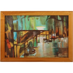 Signed Metzel, Oil on Board Painting, Abstract Port Scene with Boats, Mid-Century Modern