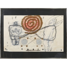Unique Mixed Media on Paper Abstract 2 Figures and a Red Swirl Circle "Casco"