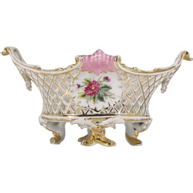 Fine Porcelain Reticulated Basket on Legs, Hand Painted Flowers, Gold Gilt Accents 14 inches