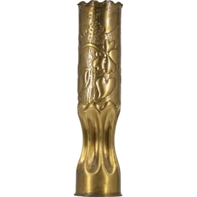 WWI TRENCH ART Brass 75mm Shell Casing Tooled with Leaves and Flowers as a Vase 13.5 in. h.