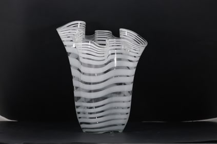 Mid-Century Modern White Ruffled Glass Vase with Wavy Lines 11.5 inches x 8 inches