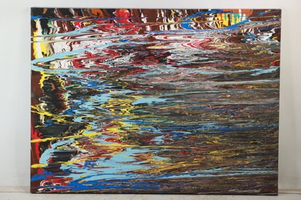 Large 20th C. Oil on Canvas Painting Abstract Swirling Drip Art, Colorful, 36 in. x 48 in.