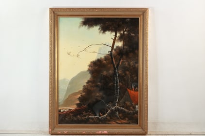 Russian Artist, Oil on Canvas Painting Landscape with Palatial Tree, Cotrtage, Man Next to Fire