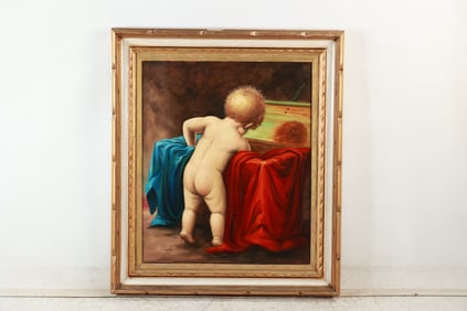 Signed Claval, Oil on Canvas Painting Young Nude Boy Searching in a Blanket Box