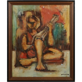 Jerry Domokur (1935 - 2014) American. Oil on Canvas Painting Seated Figure Playing String Instrument