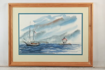 Signed K V Timbers Ross, Watercolor Painting, Sailboat and a Lighthouse on a body of water