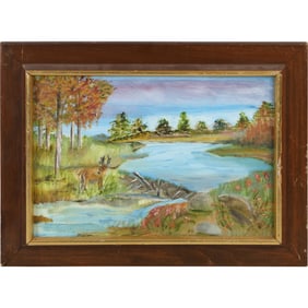 Vintage Adirondacks Oil on Board Painting Deer Next to Stream Landscape, Signed Illegible