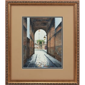 Watercolor Painting, Arched Walkway to Courtyard, Framed, Signed Illegible, Paris 2000