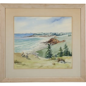 M V Nichols 1957, Watercolor Painting, Coastal Landscape, Sheep on Hillside