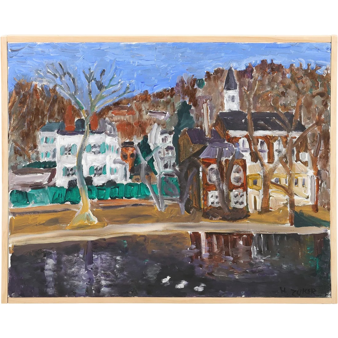 Herman Zuker, b.1959 Polish /American "View of Rosslyn Long Island" Acrylic on Canvas Painting: Herman Zuker, b.1959 Polish /American "View of Rosslyn Long Island" Acrylic on Canvas Painting, Signed, circa 1990. size: 20 x 24 , outside of frame: 21 x 25