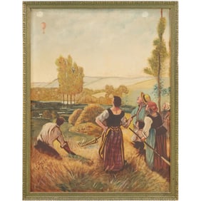 Signed J Spear 1939, Oil on Board Painting, Hot Air Balloon Over a Farm with Figures Gazing