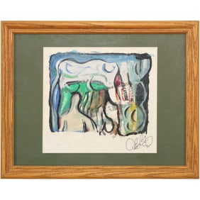 Quality Abstract Painting Signed and Dated 1995, Oil on Paper, Framed, Signed Illegible
