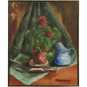 Signed B Marchisello, Vintage Oil on Canvas Painting Still Life Flowers in Plant Pot, Pitcher