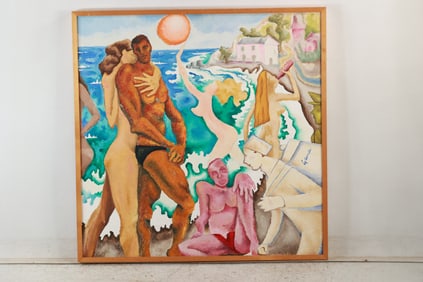 20thC. Modernist Oil - Beach Party Signed