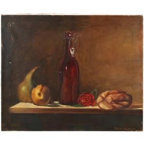 Signed Monaghan, 20th C. Oil on Canvas Table Top Still Life Wine Bottle and Fruit