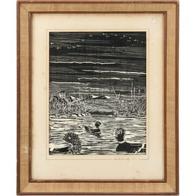 RAY HENKOWSKY "THE NIGHT IS YOUNG" WOODCUT PENCIL SIGNED (1965), Framed