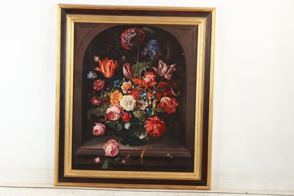 Hendrik Schoock(after) 20thC. Dutch Oil - Vase of Flowers in a Stone Niche