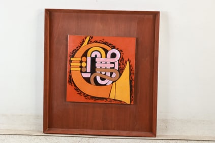 French Horn Enamel on Copper Art Plaque Mid-Century Modern