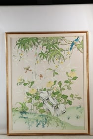 Large Size Realism Watercolor of a Natural Botanical Setting with Butterfly and Bird, Framed