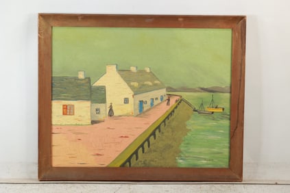 Signed Hipson. Oil on Canvas Painting, Fishing Wharf with Docked Boat