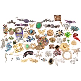 64 Pieces Assorted Fashion Costume Jewelry Pins: Trifari, Channel, Monet, Denmark, "V", JJ,