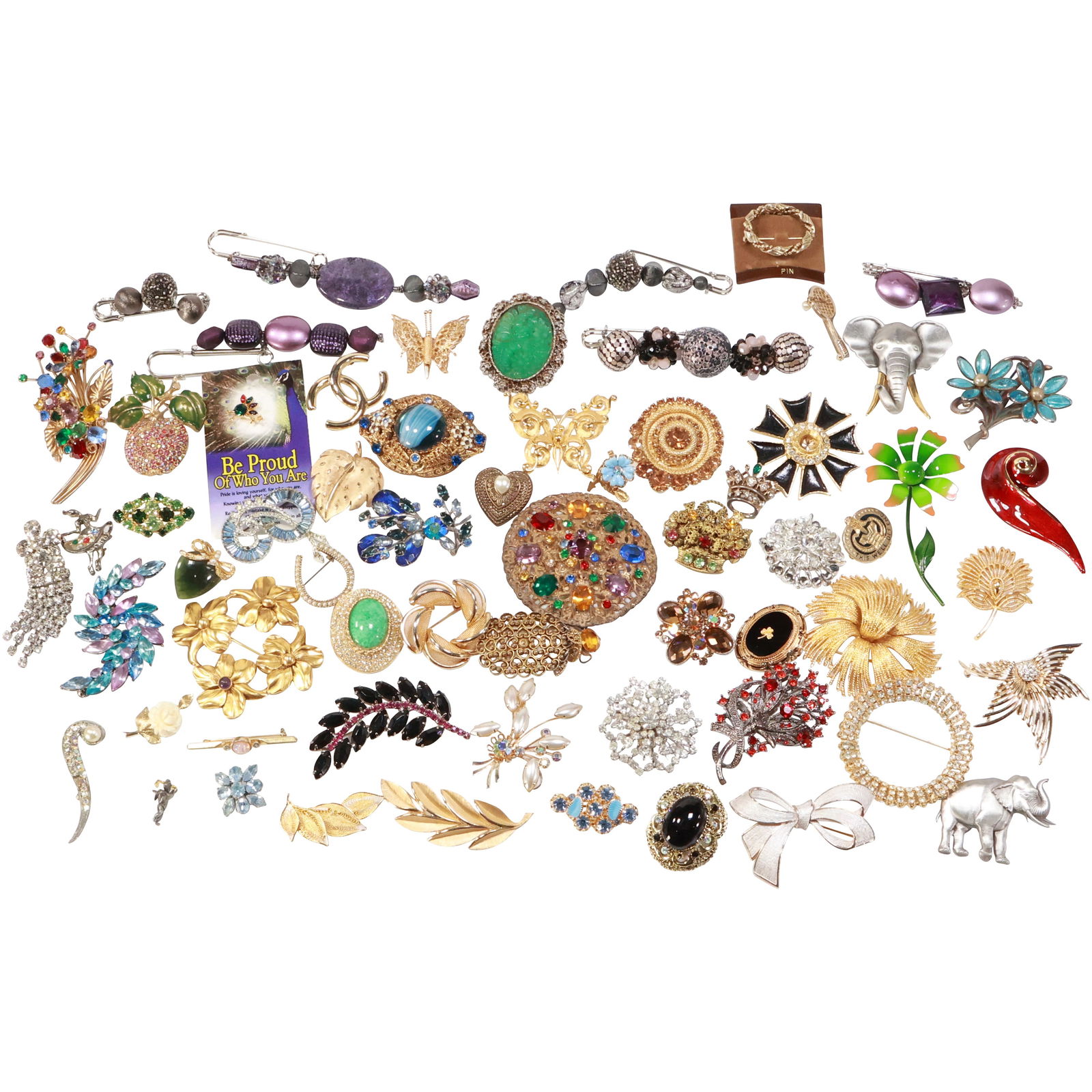 64 Pieces Assorted Fashion Costume Jewelry Pins: Trifari, Channel, Monet, Denmark, "V", JJ,