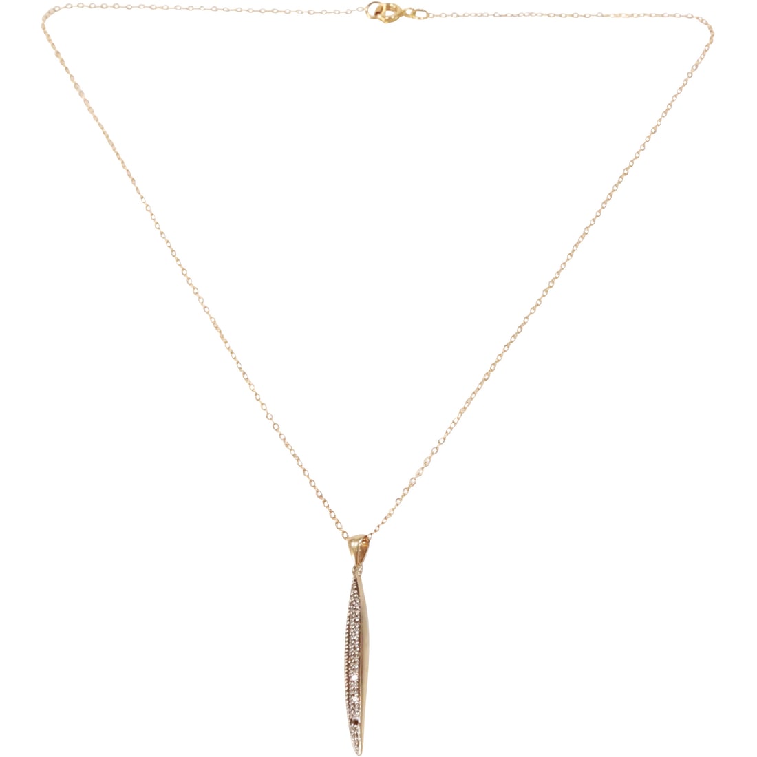 14K Gold Diamond Feather Pendant [missing 2 stones] on 14K Gold Filled 16 in. Chain: 14K Gold Diamond Feather Pendant 1 5/8 in. x 1/4 in. [missing 2 stones] on 14K Gold Filled 16 in. Chain