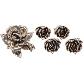 Sterling Silver 98.1 grams, Pat Art Israel Sterling Wax Rose Pin & 4 GW .925 Rose Earrings