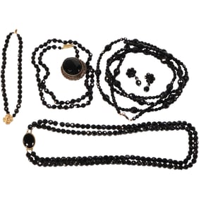 Black Jet Glass Bead Necklace 62 inches; Black Jet Glass Bead Necklace 30 inches; Black Glass