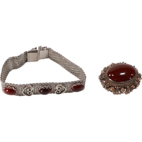 Sterling Silver with Carnelian Stone Pin 1 1/2 in. x 1 1/4 in.; ; Costume Mesh Bracelet with