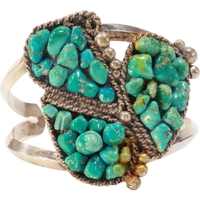 R.C. Sterling Silver with Turquoise Native American Indian Cuff Bracelet 2 1/4 in. x 2 1/2 in.