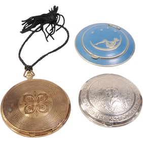 3 Vintage Compacts: Blue Enamel with Man on The Moon Pictoral Compact; Gold Tone Pocket