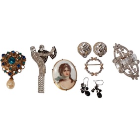 Austrian Crystal Pin with Faux Pearl Pendant 2 1/2 in. x 1 3/4 in.; Porcelain Portrait w/Handpaint