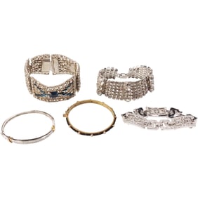 [5] Vintage Clear Blue Art Deco Rhinestone Bracelet 7 in. x 1/2 in.; Vintage Clear Rhinestone Bracel