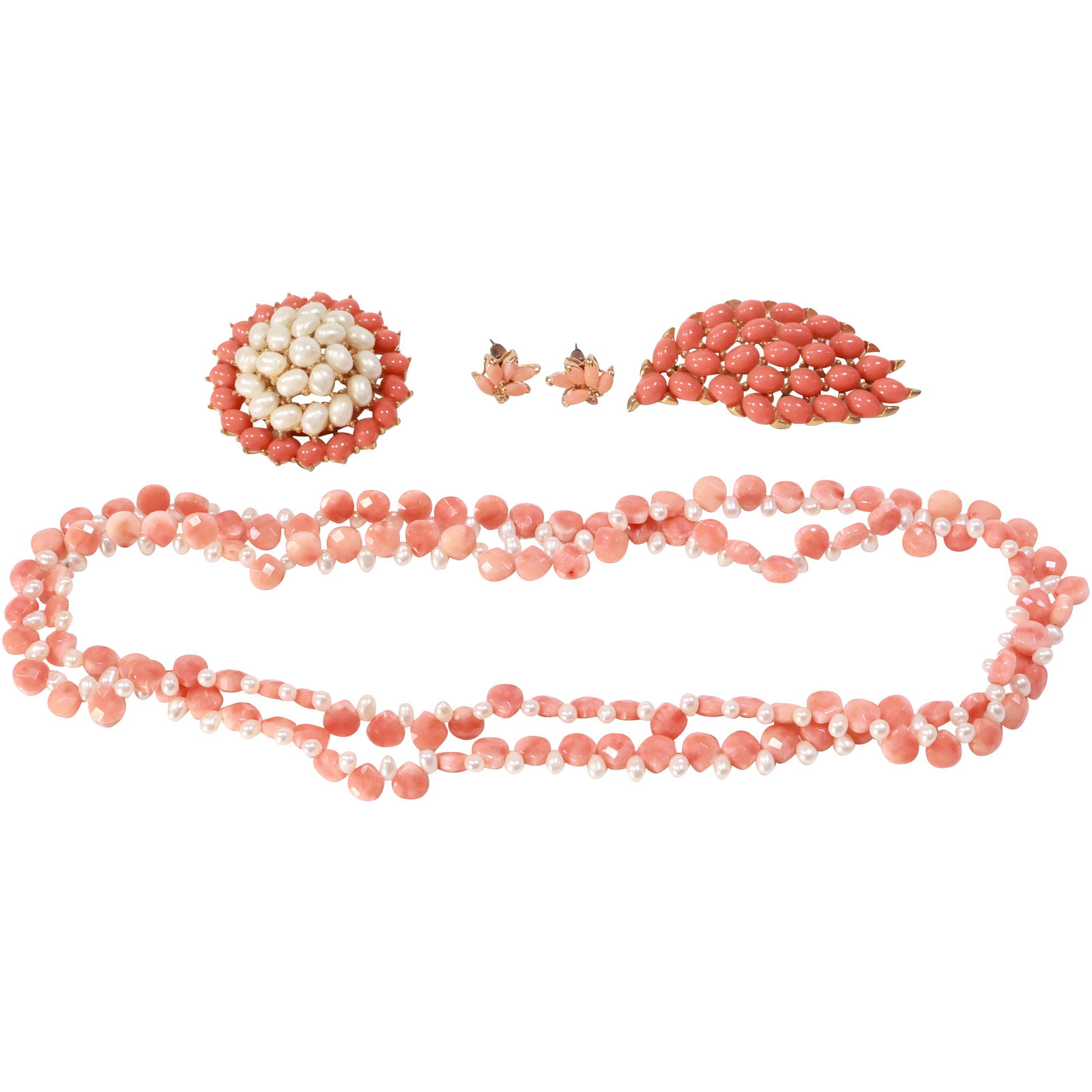 Trifari Faux Coral Leaf Shaped Pin 2 1/2 in. x 1 1/4 in. ; Round Faux with Pierced Coral and Pearl: Trifari Faux Coral Leaf Shaped Pin 2 1/2 in. x 1 1/4 in. ; Round Faux with Pierced Coral and Pearl Pin, Faux Coral Earrings; Genuine Coral Faceted Beads with Freshwater Cultured Pearls Necklace 36 inc