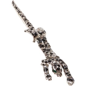 Silver Tone and Black Enamel Panther Shoulder Pin 7 3/4 in. x 1 1/2 in.