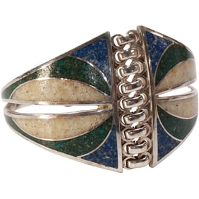.950  Sterling 49.7 grams Lapis. MOP, Malachite Inlaid 1960s/70s Bangle Bracelret 2 3/4 in.