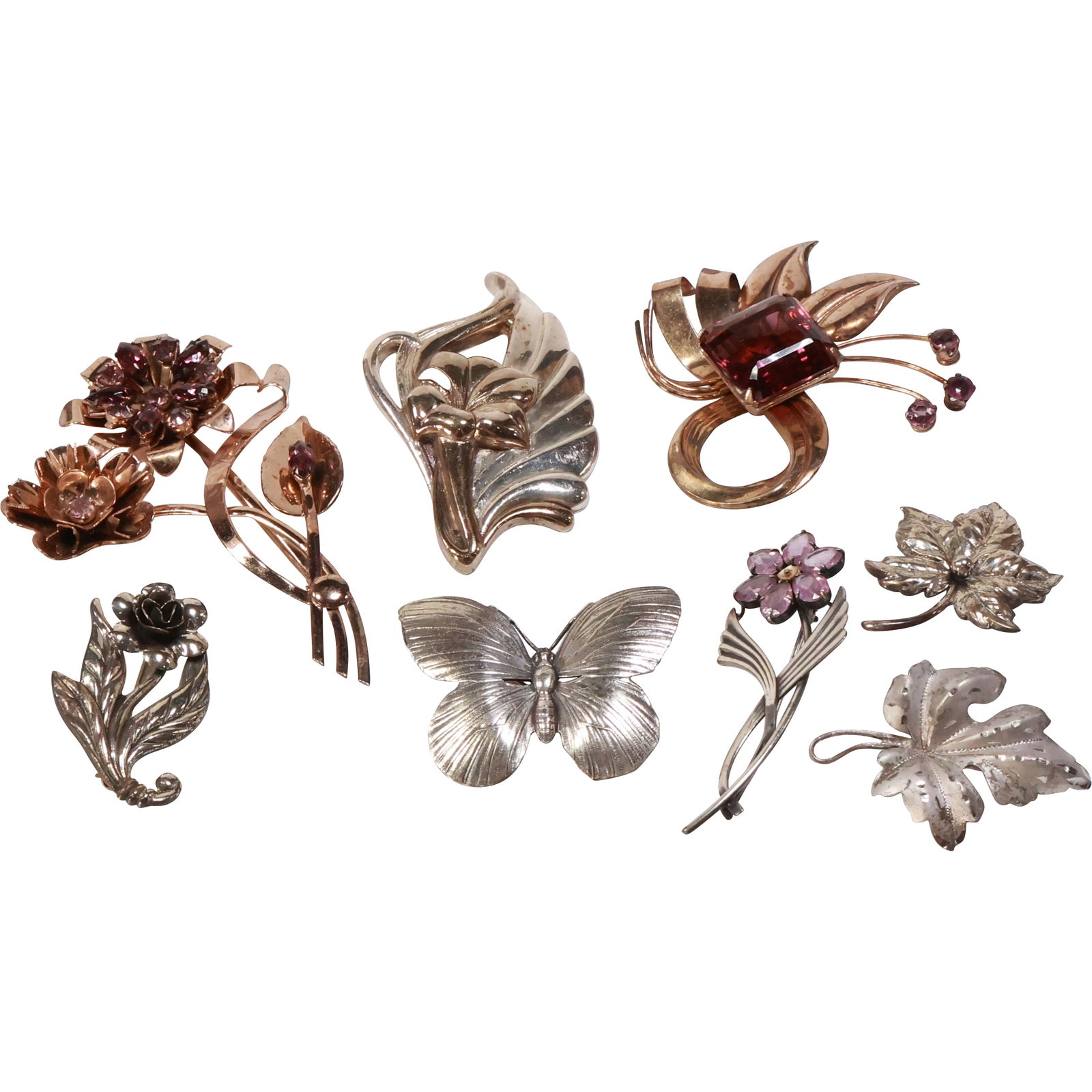8 Sterling Silver 111.4 grams Vintage Pin / Pendants: Sterling HI Rose Tone Pin Amethyst Color: 8 Sterling Silver 111.4 grams Vintage Pin / Pendants: Sterling HI Rose Tone Pin Amethyst Color Stones 2 1/2 in. x 2 7/8 in; Sterling Rose Tone Flower Pin 4 in. x 2 1/2 in.; Sterling Purple Stones Flow