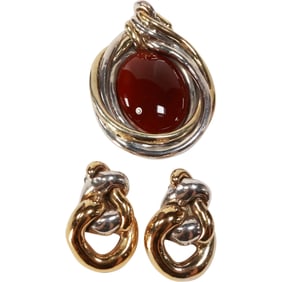 .925 Sterling Silver 67.7 grams Pin / Pendant with Large Carnelian Stone 2 1/8 in. x 3 in.; .925