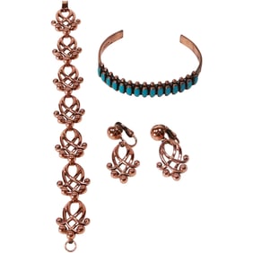 3 Pc. Renoir: Bracelet 7 3/4 in.; Earrings 1 1/2 in. x 3/4 in.; Bracelet Copper with Turquoise 2 in.