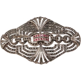 Vintage Art Deco Sterling Silver with Marcasites and 4 Rubies Beautiful Pin 2 3/4 in. x 1 3/4 in.