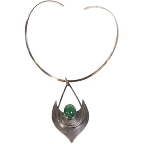 Sterling Silver 36.1 grams, .925 Hard Collar with Sterling Tear Drop Modernism Pendant Centered