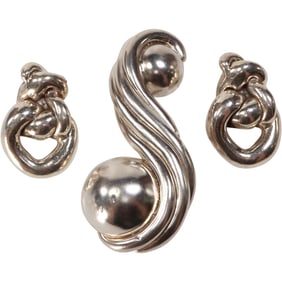 Sterling Silver 71.4 grams Pat, Art Israel Swirl Pin with 2 Spheres Pendant 3 1/2 in. x 1 1/2 in.;