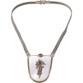 Sterling Silver Art Nouveau Necklace with Emerald & Amethyst Stones, Cabochons, Rope Mesh Chain